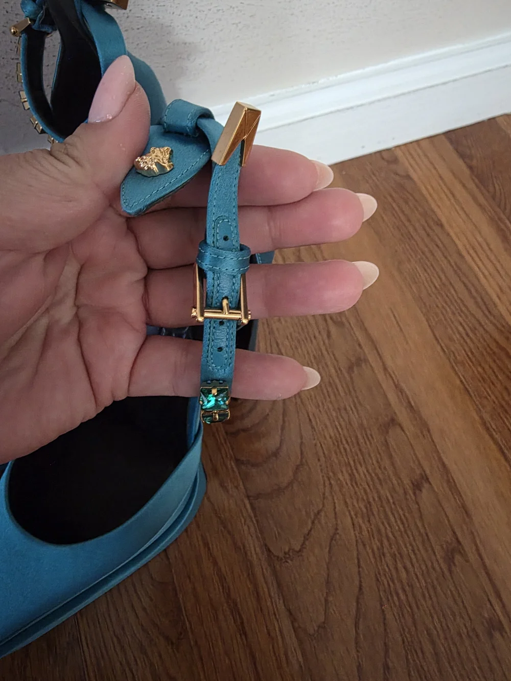 Versace Teal Satin Platform Slingback Heels with Jeweled Anklet